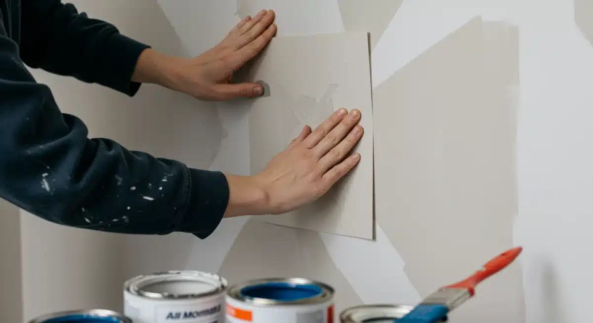 Hands stenciling a geometric pattern onto a living room wall