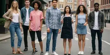 Stylish young adults demonstrating affordable fashion trends in an urban environment.