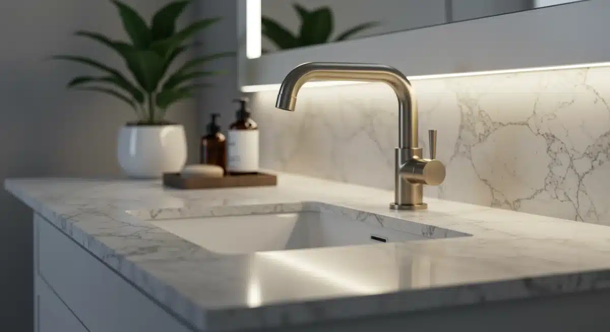 Stylish bathroom vanity with quartz countertop and modern faucet