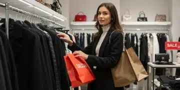 Woman confidently shopping for discounted designer clothes during a sale