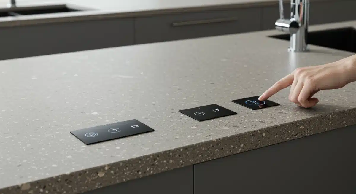 Sustainable kitchen countertop with integrated smart home controls and touch-activated faucet.