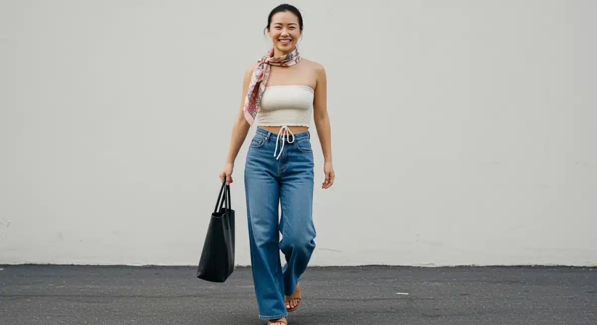 Person in stylish, sustainable wide-leg denim, showcasing comfort and fashion.