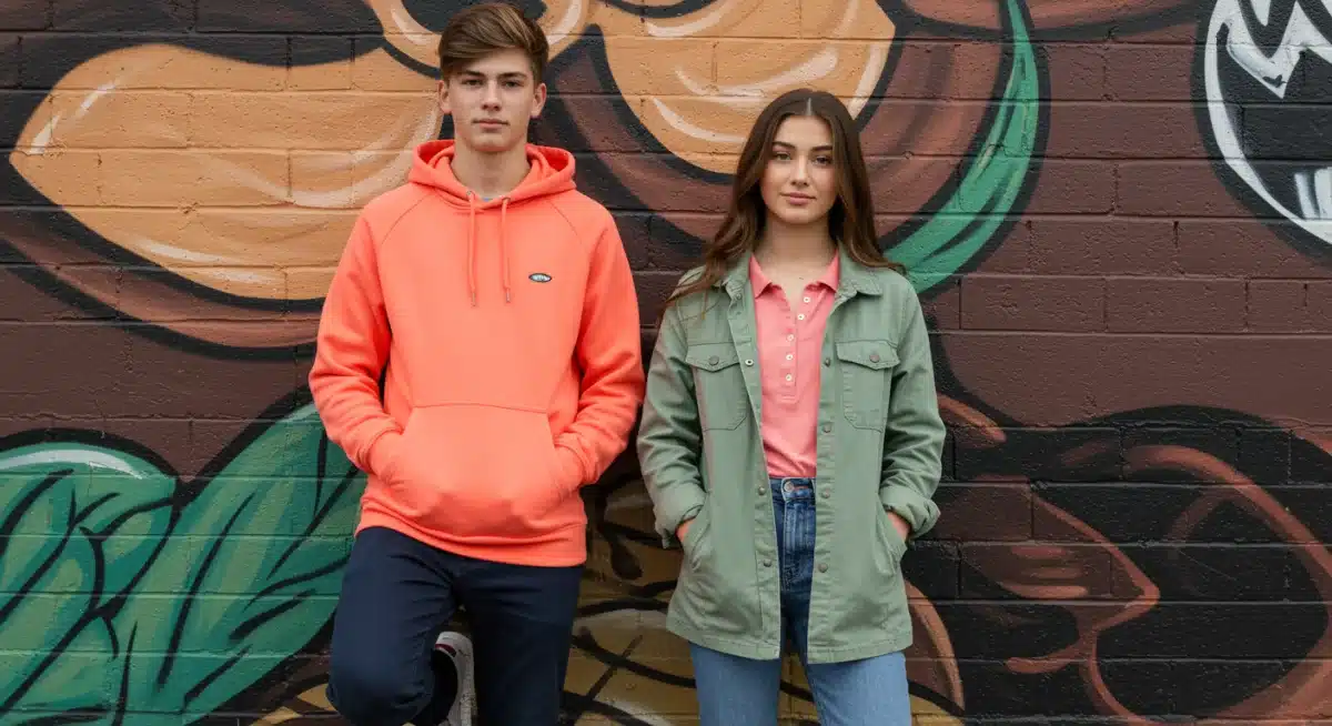 Teenagers in radiant coral and earthy sage spring fashion