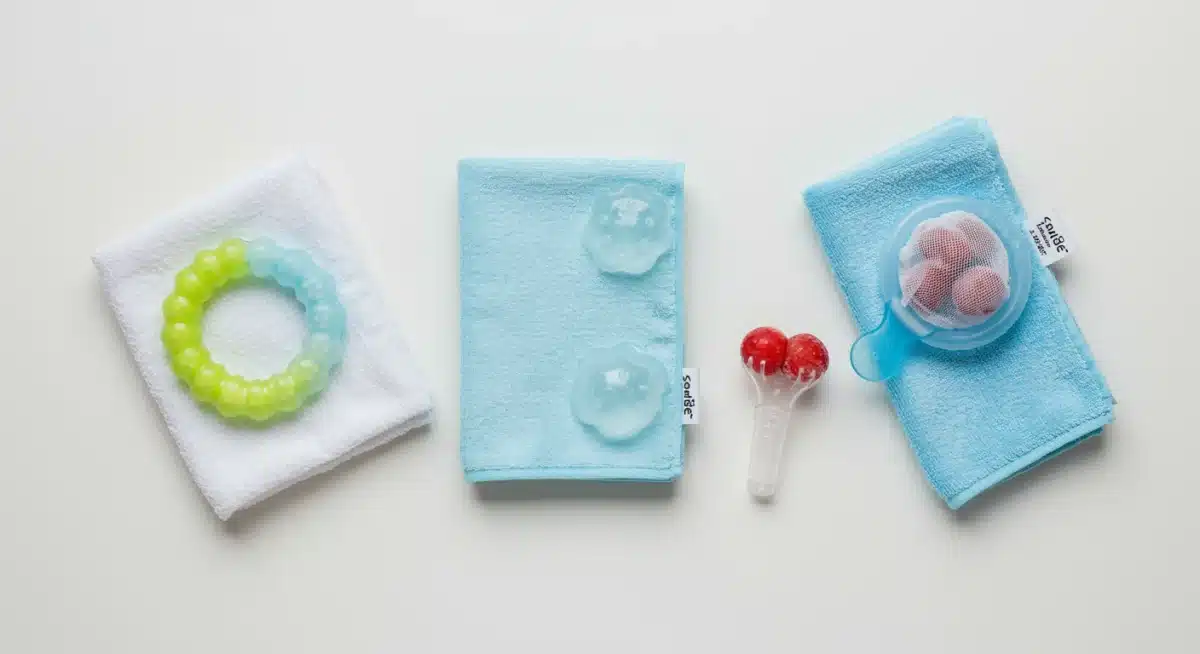 Assortment of teething remedies: chilled ring, wet washcloth, mesh feeder