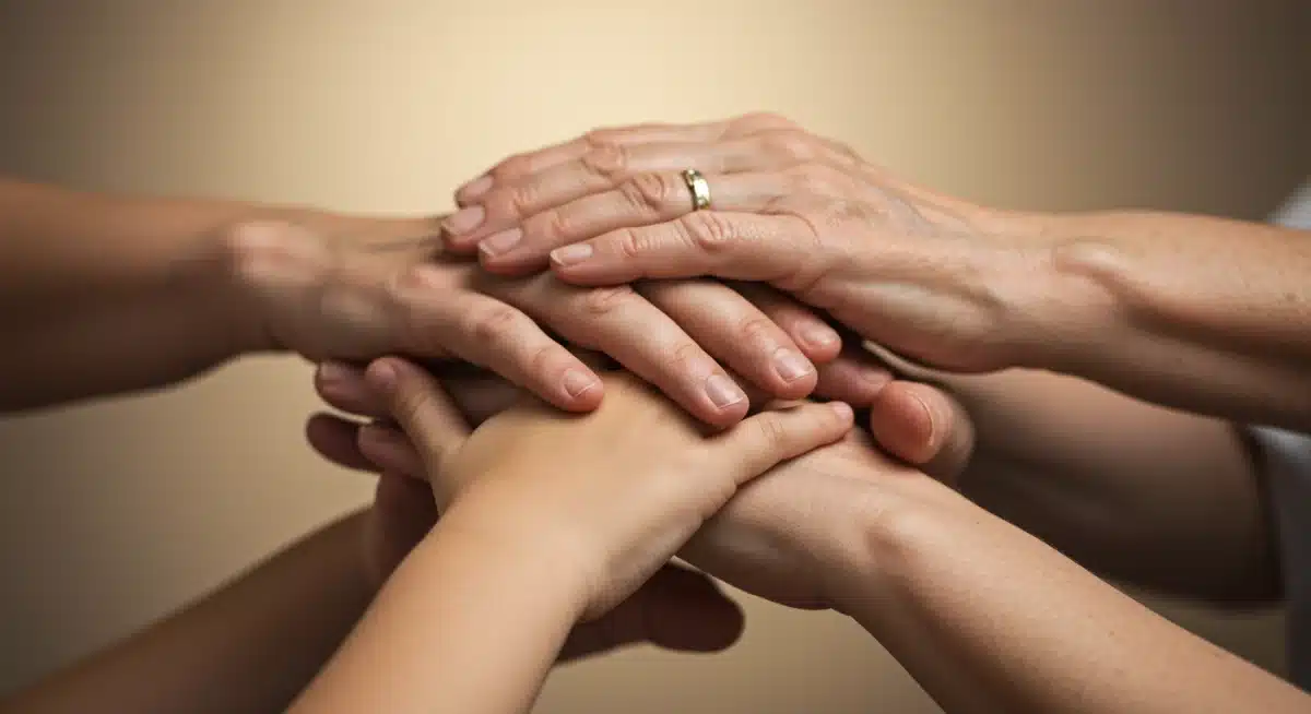 Three generations of hands stacked, symbolizing family support and connection