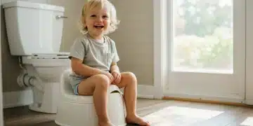 Toddler happily sitting on a potty chair, showing readiness for potty training
