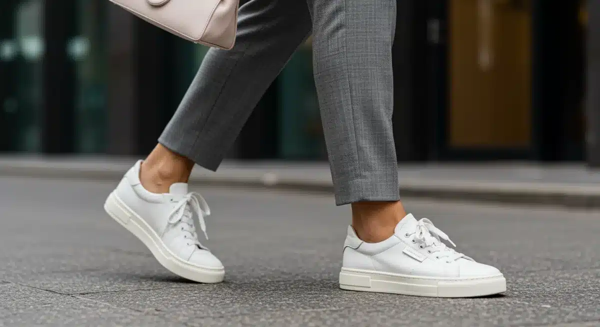 Woman wearing versatile white sneakers in an urban setting
