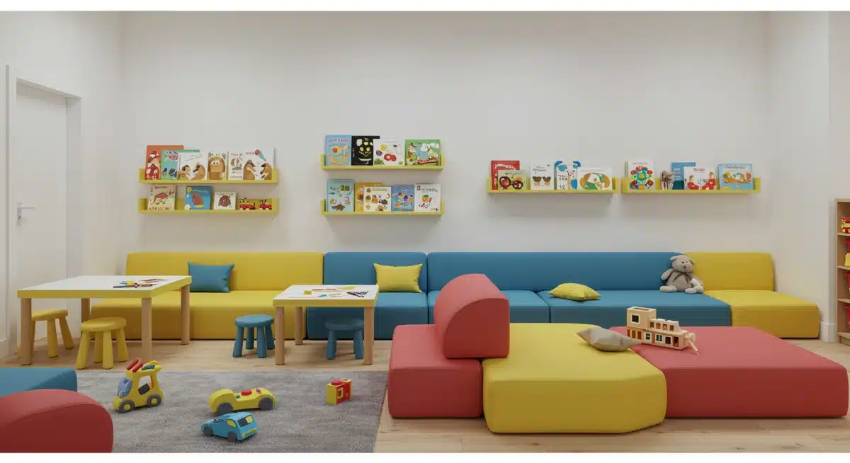Vibrant and functional playroom with modular seating and art station