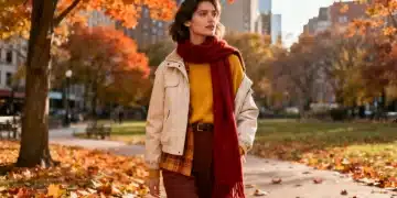 Woman demonstrating seasonal fashion transitions with layered clothing in an urban setting, 2026.