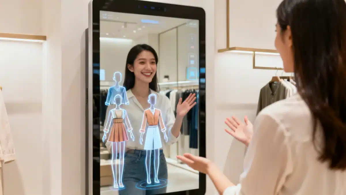 Smart mirror technology enhancing the retail experience for US consumers, demonstrating The Impact of Technology on Fashion 2026: 3 Innovations Reshaping How US Consumers Dress.