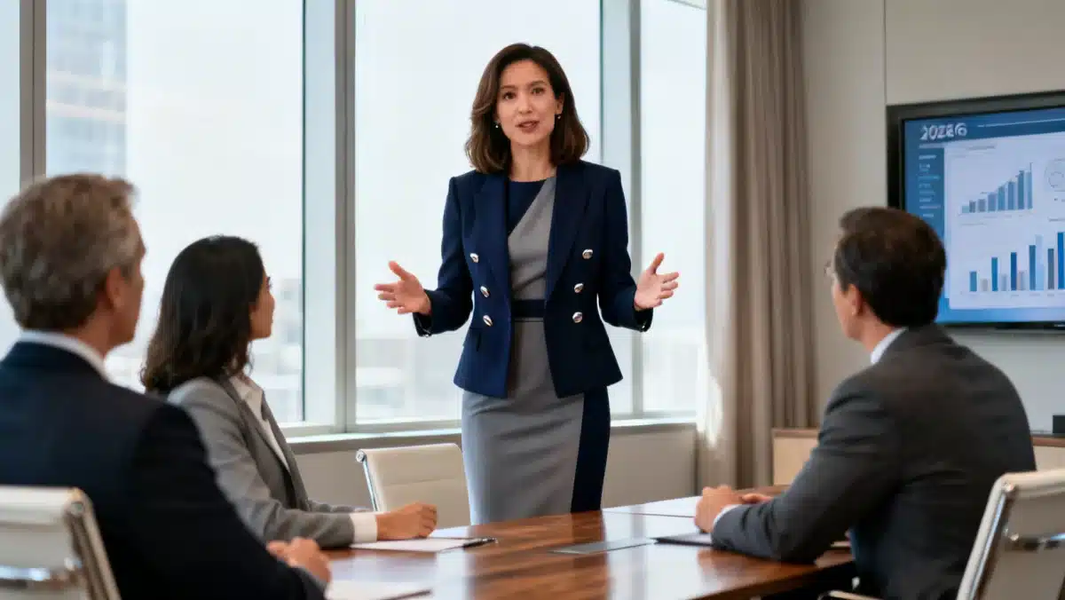 Professional woman in modern business dress and blazer presenting in boardroom