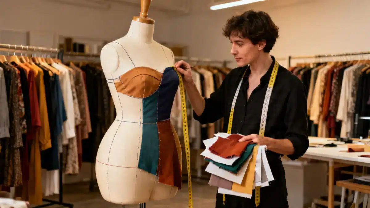 Stylist demonstrating clothing for pear body shape, enhancing appearance by 20%