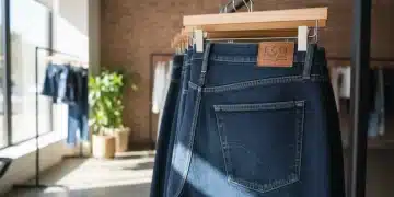 Sustainable denim jeans on display in a US boutique, showcasing eco-friendly fashion in 2026