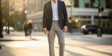 Modern US gentleman showcasing 2026 men's fashion trends in tailored navy blazer and relaxed trousers