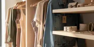 Sustainable fashion clothing display in US boutique with organic and recycled materials