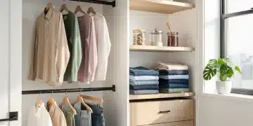 Sustainable wardrobe organization with eco-friendly clothing items in a modern closet