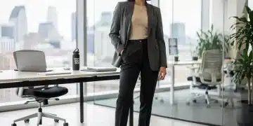 Workwear Reimagined 2026 professional outfit with tailored blazer and trousers in modern office