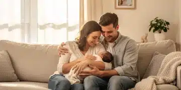 Family enjoying newborn at home during family leave