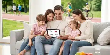 Family viewing healthcare benefits information on tablet in modern home