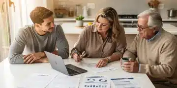 Family reviewing Social Security benefits planning documents at kitchen table